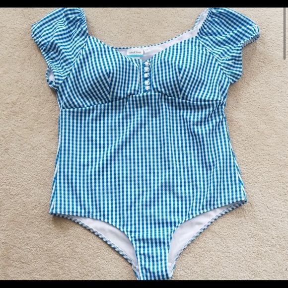 NWOT ModCloth gingham blue cap sleeve one piece - Picture 6 of 6